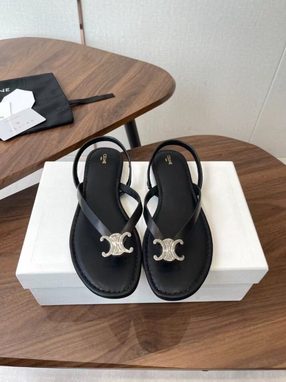Celine Black Leather Thong Sandals